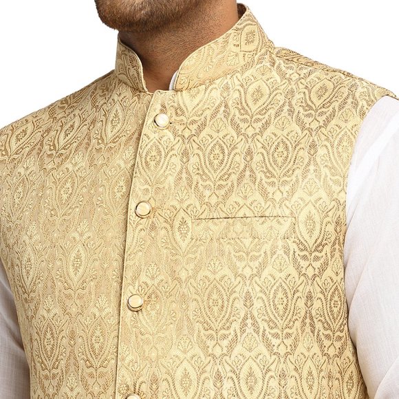 Sleeveless Traditional Brocade Silk Fabric Light Golden Nehru Jacket by Treemoda - Picture 4 of 5